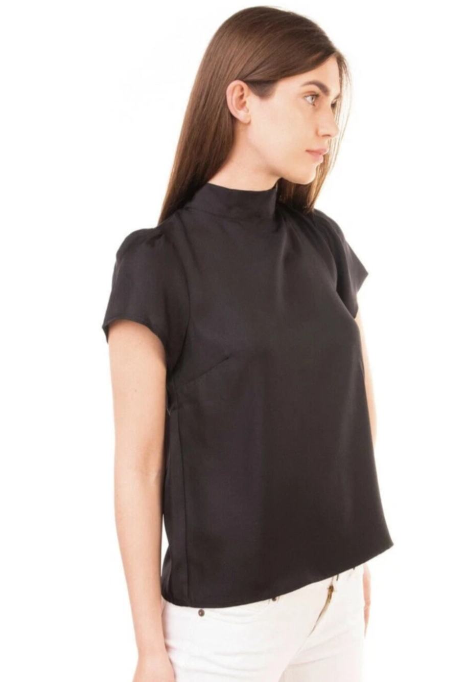 Collection J. Crew Black Silk Back Neck Bow Short Sleeve Blouse